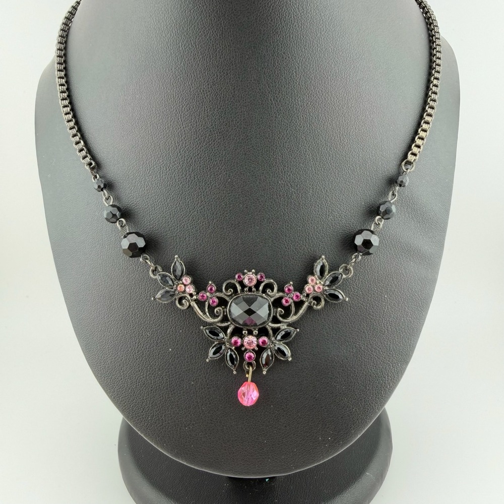 1928 Jewelry Womens Victorian Bib Necklace Black Pink Rhinestone Gunmetal Tone